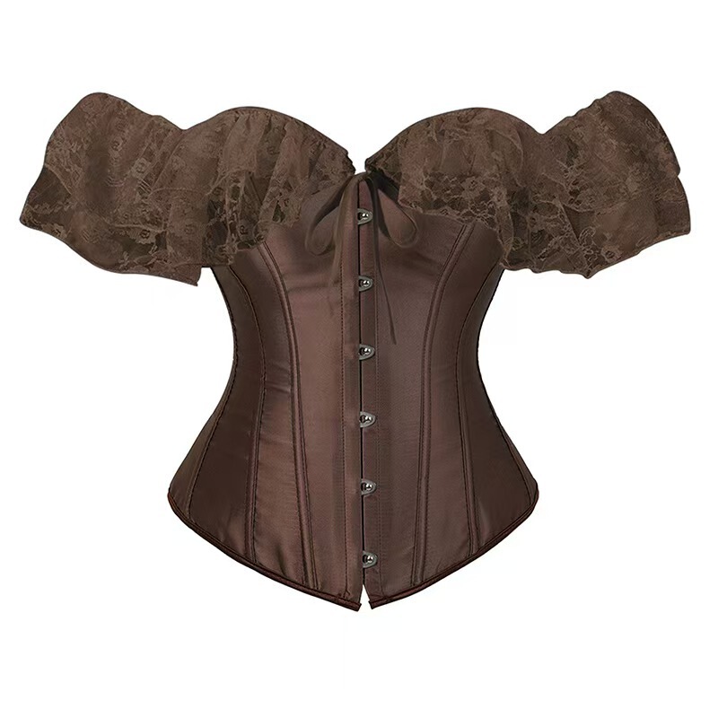 Satin Lace Puff Sleeve Corset with Waist Cincher, Versatile for Weddings and Balls, French Court-Style Shapewear