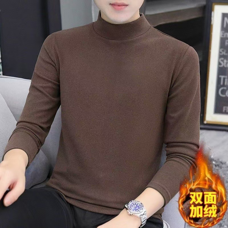 Suéter de base térmica de terciopelo alemán de doble cara para hombres de cuello medio alto más terciopelo fino tipo de cuello redondo y camiseta de manga larga para hombres de otoño image 10