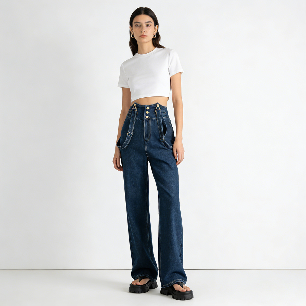Yếm quần nữ denim ống rộng phong cách Hàn Quốc — xanh lam chi tiết 1