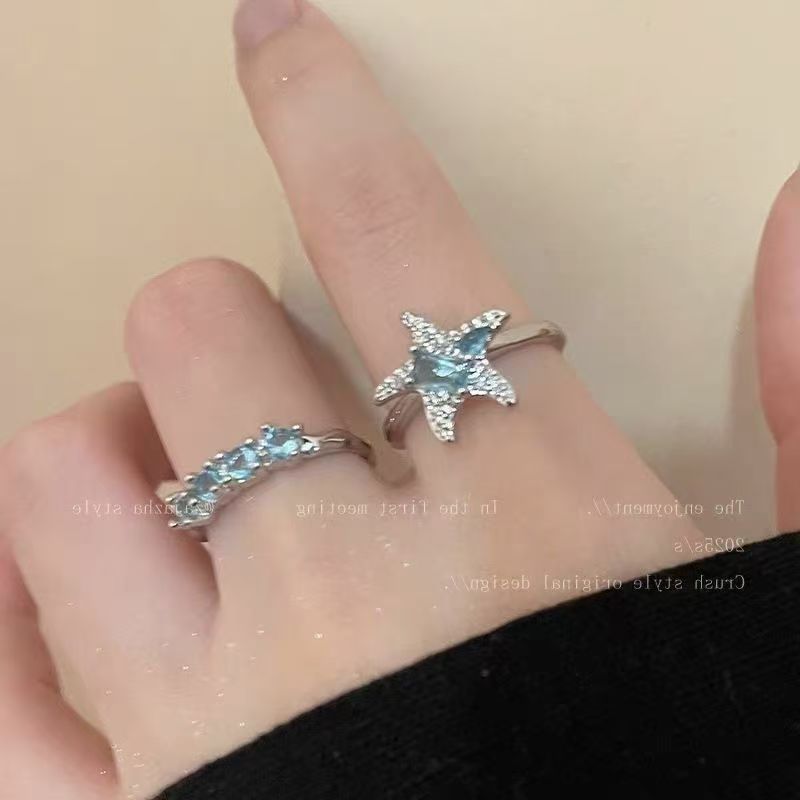 蓝色星星锆石戒指女轻奢小众高级感食指戒时尚个性叠戴可调节指环|undefined