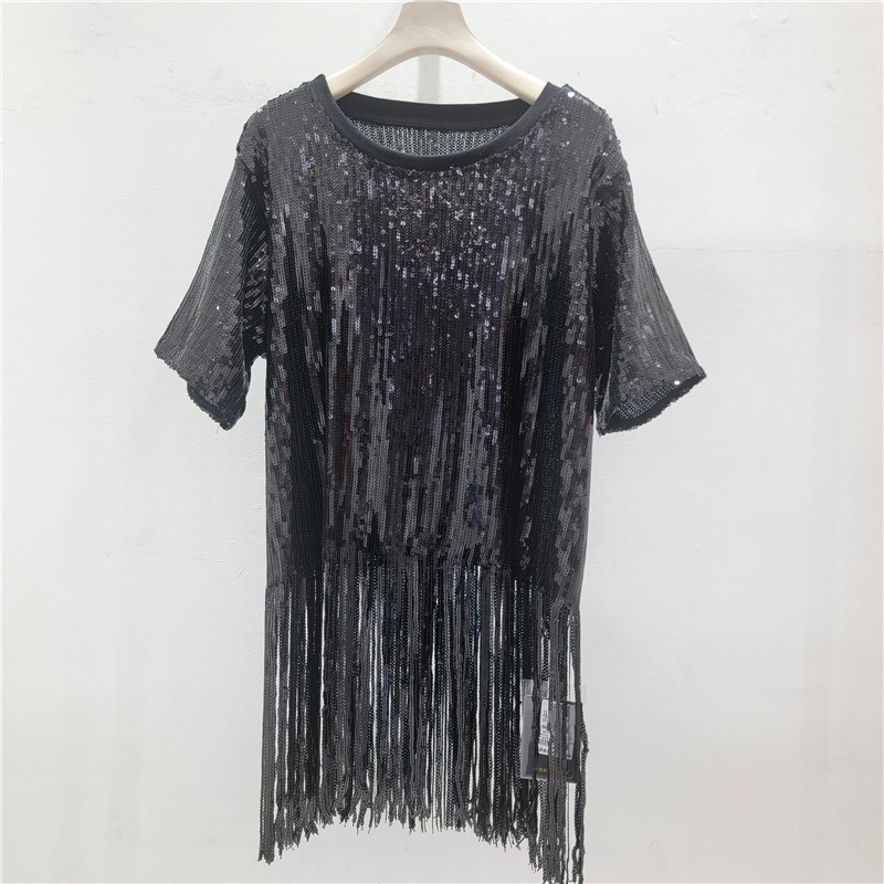 Sequinilla negra camiseta de cuello redondo de manga corta para mujeres verano 2026 nuevo estilo extranjero sexy versátil chaqueta de estilo callejero frita de moda image 6