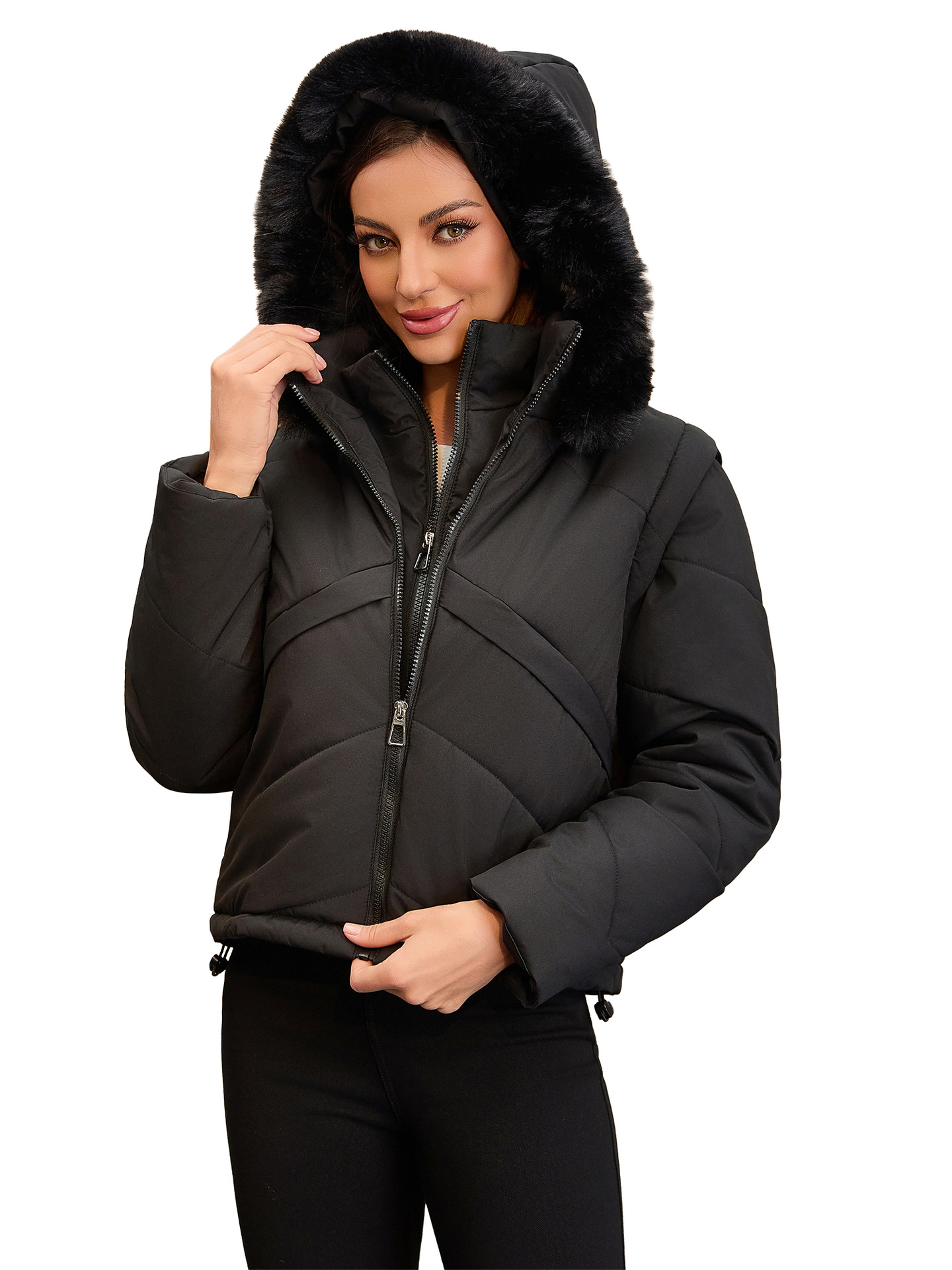 25 nueva moda falsa chaqueta acolchada de algodón de dos piezas chaleco de manga extraíble moda chaqueta acolchada corta de otoño e invierno chaqueta cálida con capucha