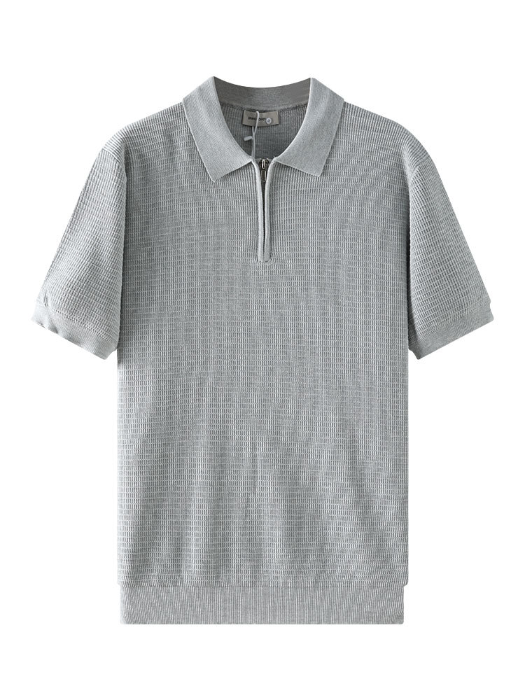 Waffle polo de hielo de punto para hombre con cremallera de collar de manga corta de negocios de alto nivel camiseta casual para hombre