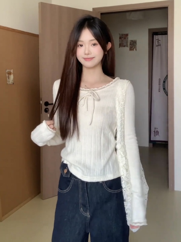 韩系纯欲蕾丝边长袖针织衫t恤女秋季温柔风宽松显瘦别致打底上衣|undefined