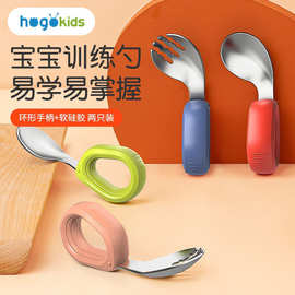 宝宝吃饭勺子训练1一3岁学食自主硅胶短柄叉子弯头儿童餐具辅食勺