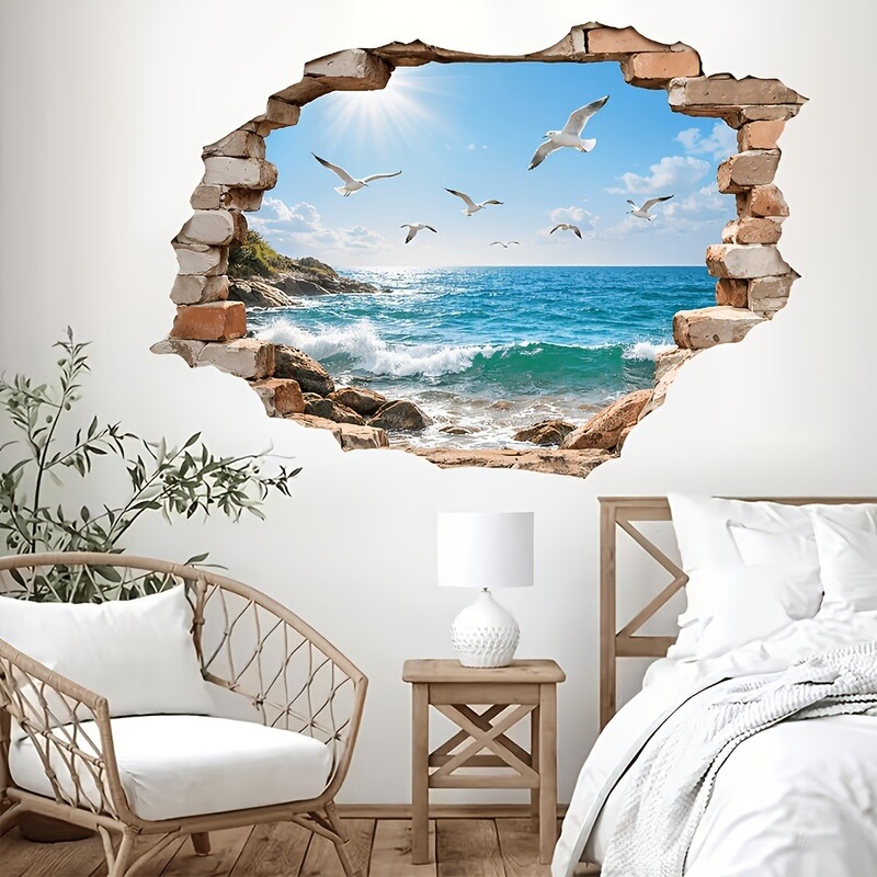 Ocean Wall Stickers with Seagull Pattern Realistic Brick Hole Mural for Bedroom and Living Room Decorative Wall Stickers Ocean Wall Stickers with Seagull Pattern Realistic Brick Hole Mural for Bedroom and Living Room Decorative Wall Stickers
