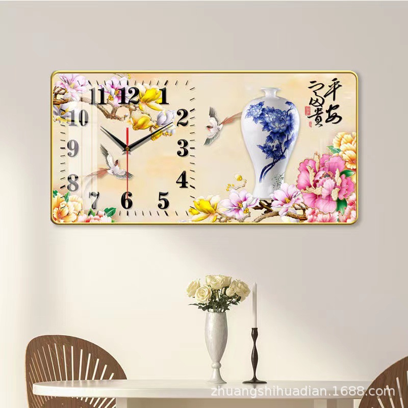 2023 nuevo restaurante pintura decorativa reloj luz comedor de lujo Fondo colgante de pared pintura cálida sala de estar reloj mural de Cristal