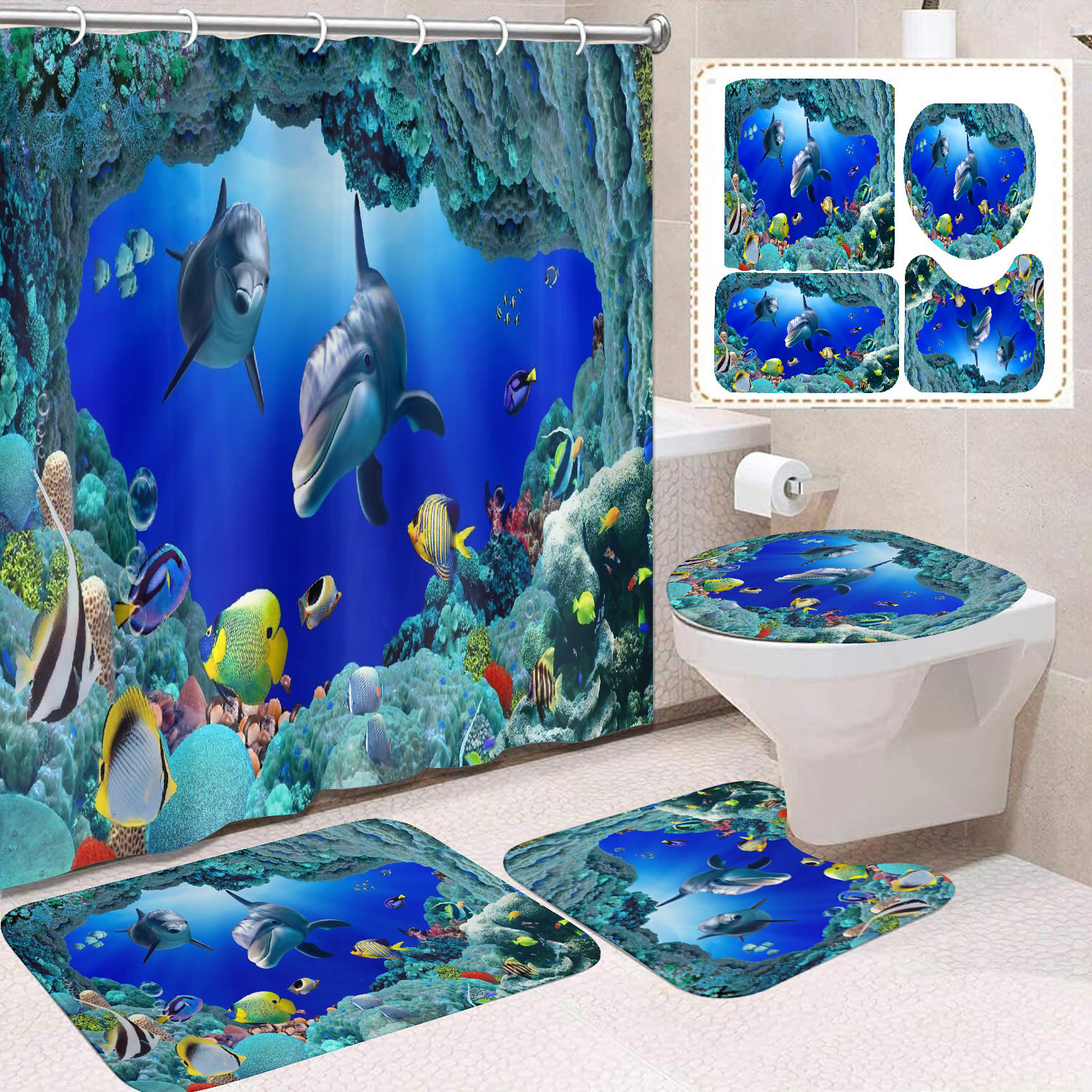 Cortina de ducha transfronteriza con diseño de delfines azules, estampada digitalmente, de poliéster, sin perforaciones, para baño, decoración del hogar image 41
