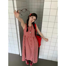 韩系红色格子开叉无袖连衣裙女遮肚子显瘦背心裙漂亮独特气质长裙