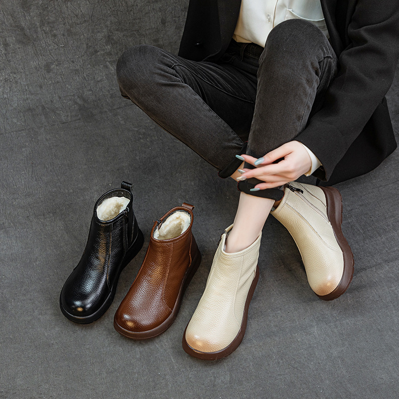 Vintage first layer cowhide autumn and winter new low heel martin boots women's wool thickened warm boots round head short boots