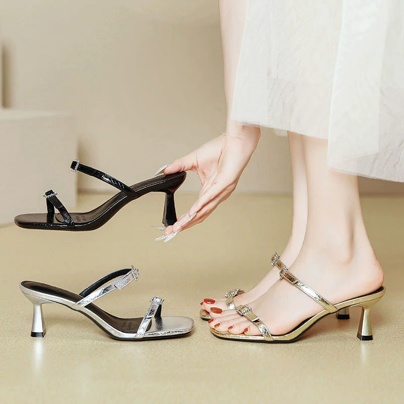Женские туфли на высоком каблуке 2025, новая летняя мода, серебряные туфли на шпильке, элегантные сандалии с квадратным носком.