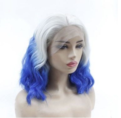 Peluca femenina teñido degradado cabello rizado azul peluca de fibra química cabello corto frente a la fábrica de encaje al por mayor LW0165