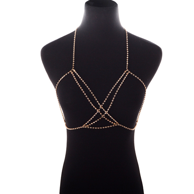 Europea y americana transfronteriza Venta caliente sexy Cruz rhinestone cadena del pecho bohemio completo diamante cuerpo cadena