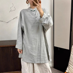 复古斜襟盘扣亚麻上衣女2025新款新中式国风禅意茶服纯色长袖衬衫