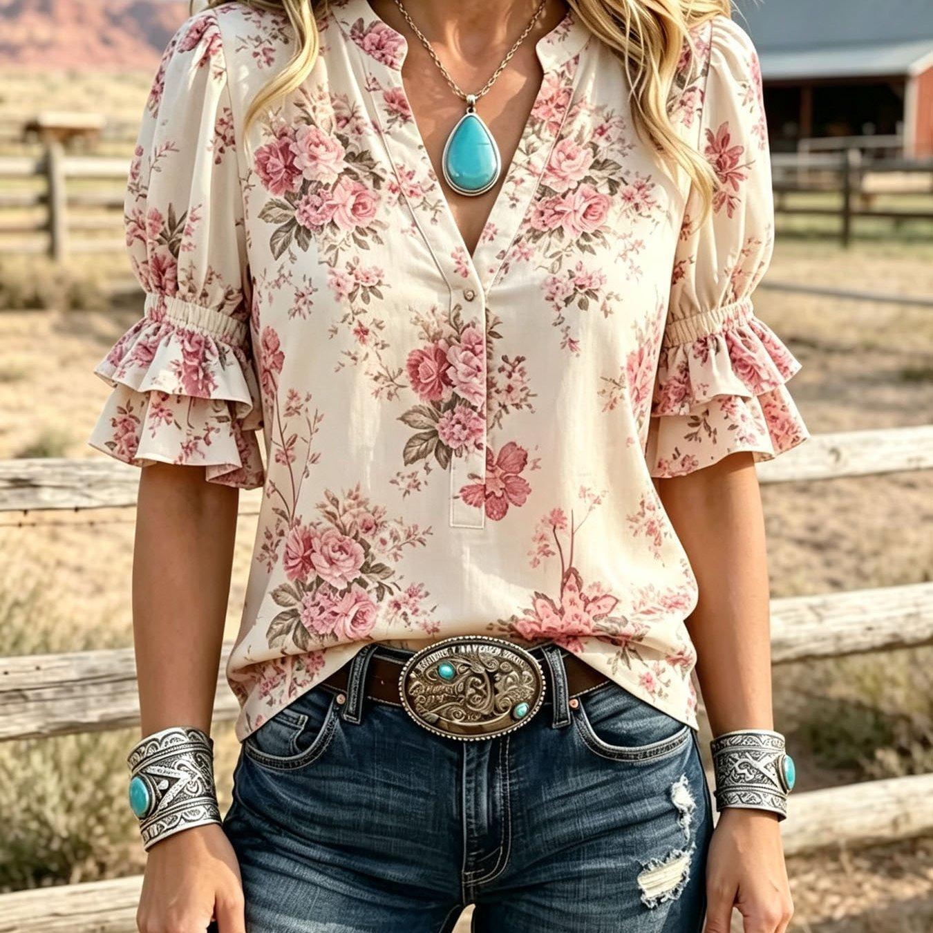 Transfronterizo exclusivo para camisas de impresión vintage mujeres sueltas de cuello en V de manga corta chaqueta bohemiana Europa y América nuevo transfronterizo image 8