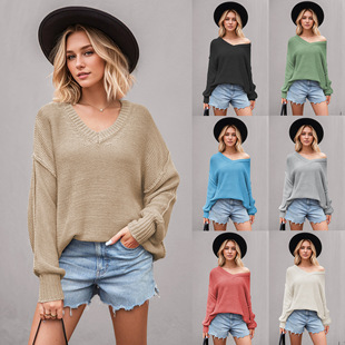 2025 New Autumn and Winter Cross-Border Amazon Temu Hot Selling European and American V Neck Loose Large Size Pullover Pure Color Sweater for Women