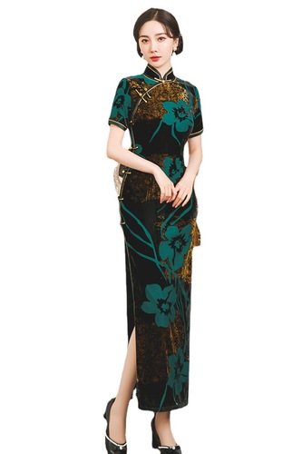Velvet cheongsam female Chinese dresses oriental retro Qipao Cheongsam for women  ancient ways everyday to wear the dress with short sleeves