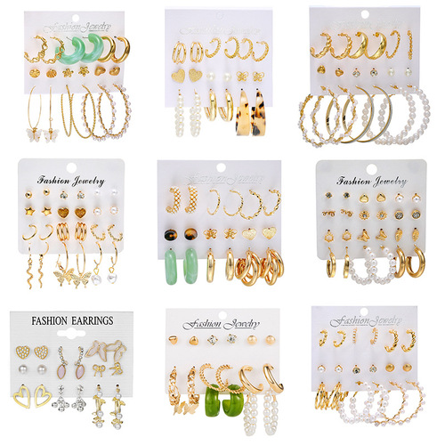 European and American cross-border retro love butterfly earrings set 9-piece creative snake-shaped sword mushroom earrings wholesale