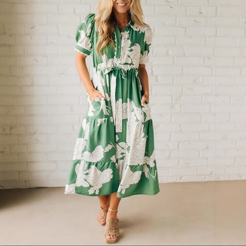 European and American Cross-Border Style Lapel Printed Ribbon Patchwork Dress, Bohemian Dress, Vacation Dress