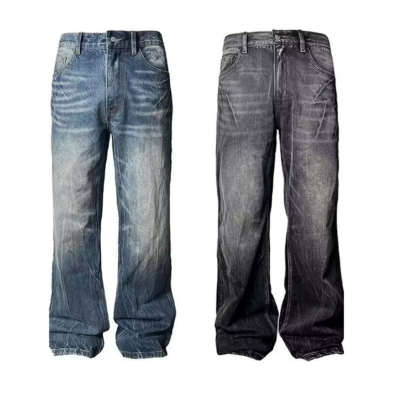 American Retro dark blue Lightning Crack Jeans Men's and Women's Empty Loose Wide-leg Pants Washed Straight-leg Micro-pants