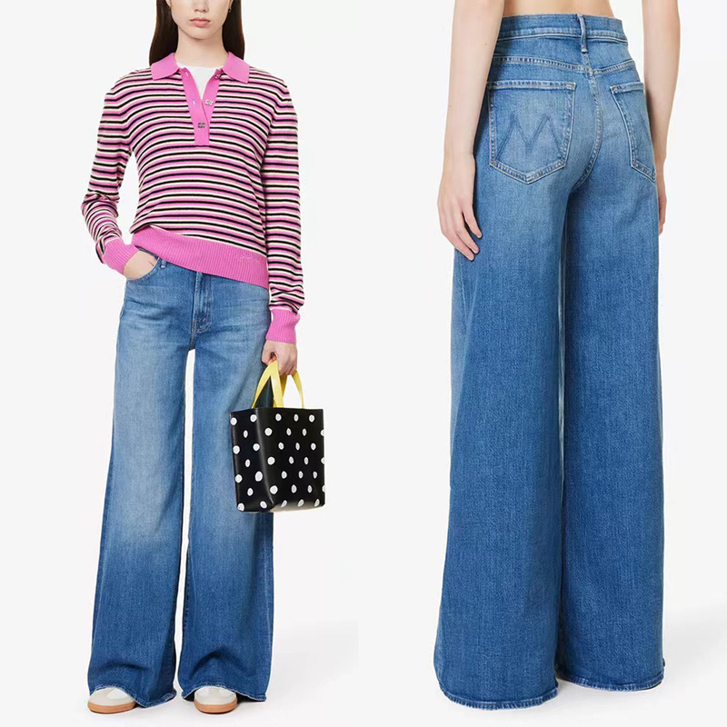 2025 Spring and Summer New European and American Mo Same Style Soft and Thin High-Waisted Wide-Leg Flared Denim Pants for Women
