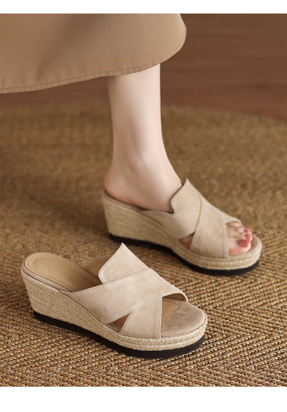 Dép sandal nữ quai ngang đế xuồng đan cói gót 7 cm — Màu đen chi tiết 1
