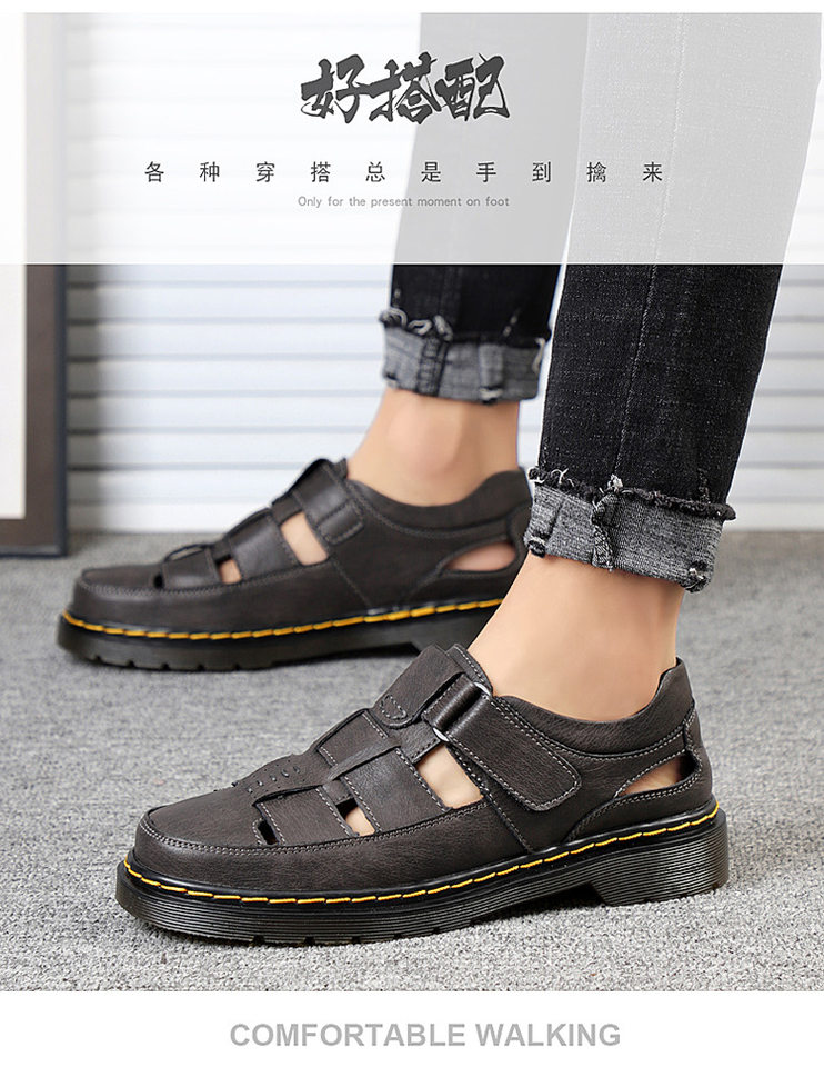 Dép sandal nam da thật bít mũi đế dày dán Velcro cỡ lớn — 202122 màu đen, 202122 đỏ nâu, Màu xám 202122 chi tiết 18
