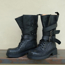 牛皮版~废土风帅气机车女靴真皮宽筒马丁靴女冬粗跟中筒骑士靴子