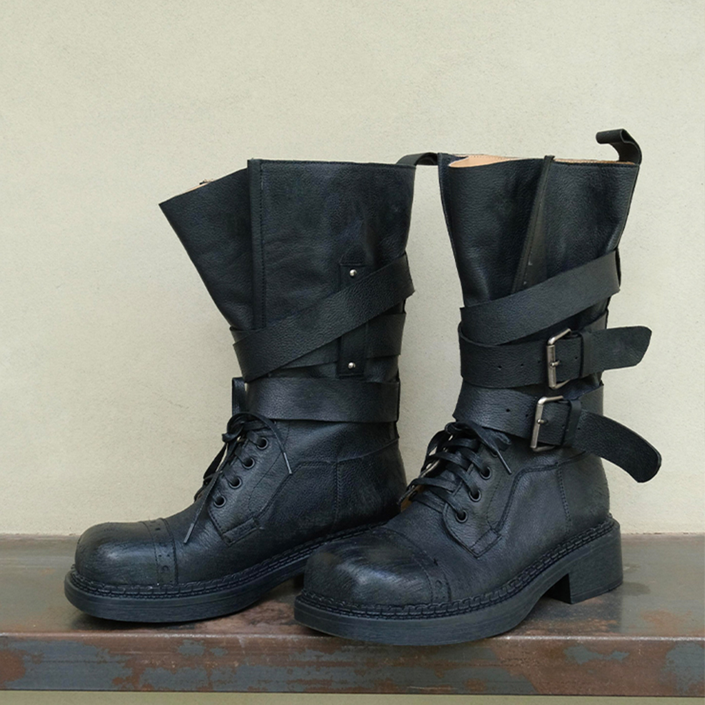 牛皮版~废土风帅气机车女靴真皮宽筒马丁靴女冬粗跟中筒骑士靴子