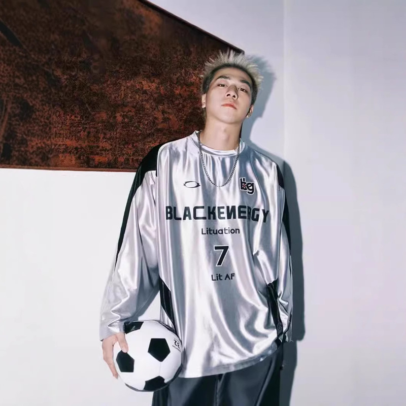 Hip-Hop American Retro Jersey High Street Stitching Contrasting Letter Printing Sports Silver Long-Sleeved T-Shirt Men's and Women's Sweatshirts