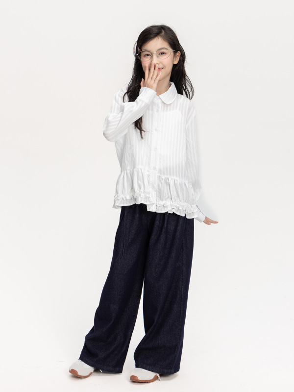 女童花边翻领衬衫2025秋装新款儿童中大童肌理感纯色百搭长袖上衣|undefined