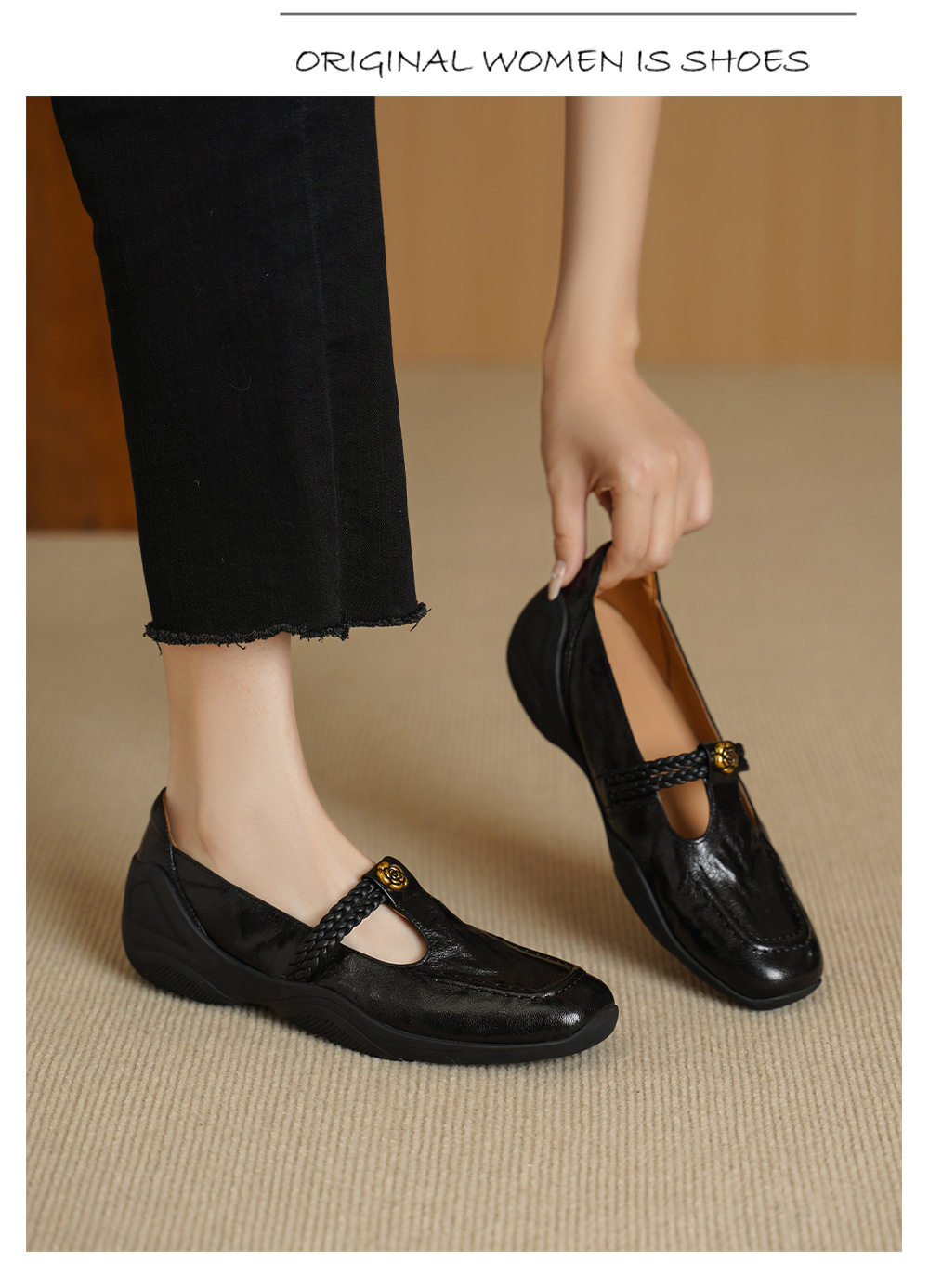 Giày Mary Jane nữ da cừu dệt vintage đế bệt gót thấp quai ngang khóa T — màu nâu chi tiết 3
