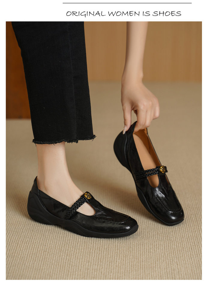 Giày Mary Jane nữ da cừu dệt vintage đế bệt gót thấp quai ngang khóa T — màu nâu chi tiết 3