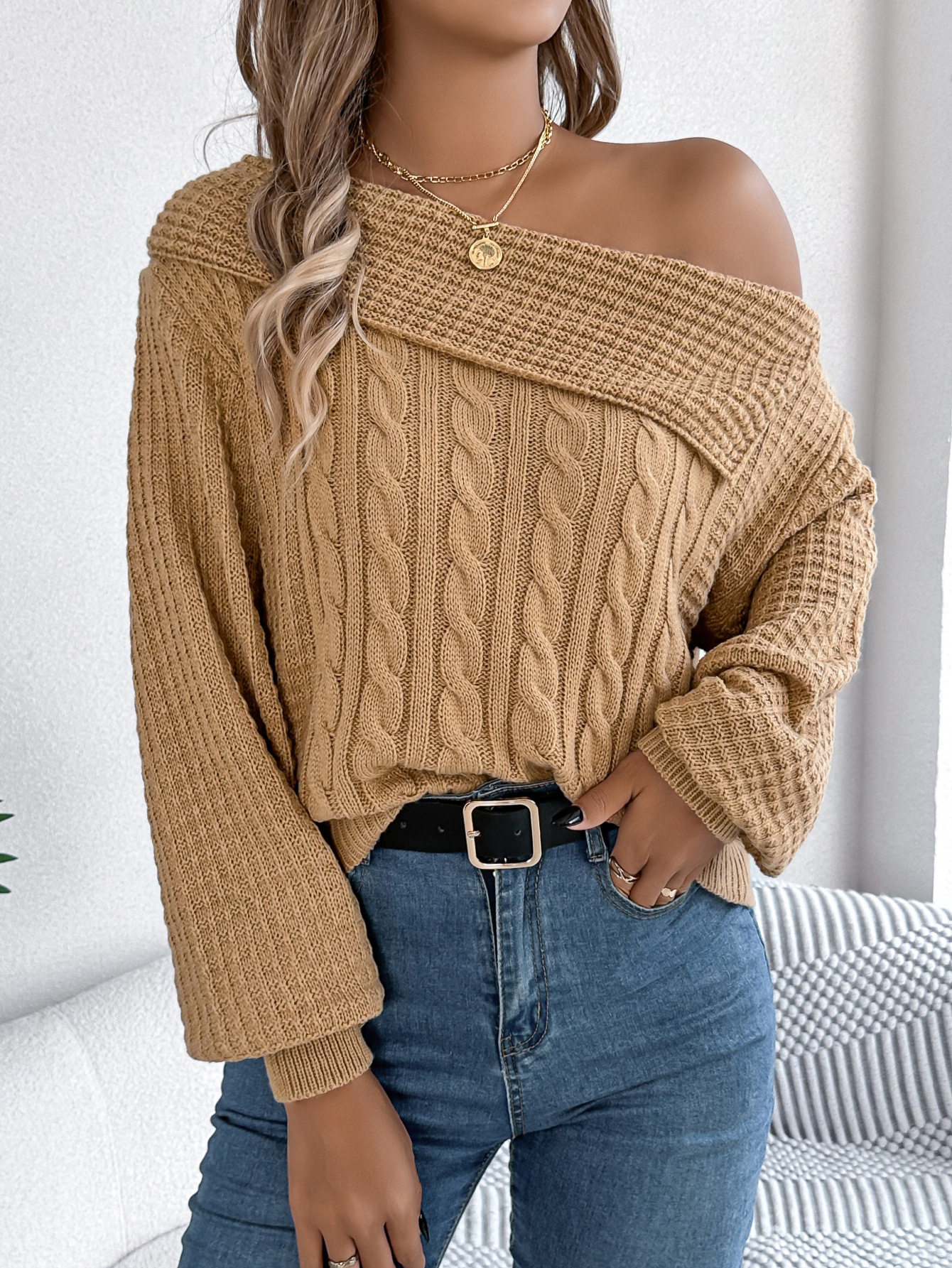 Women's Sweater Off Shoulder Lapel Twist Long Sleeve Pullover_voghion.com