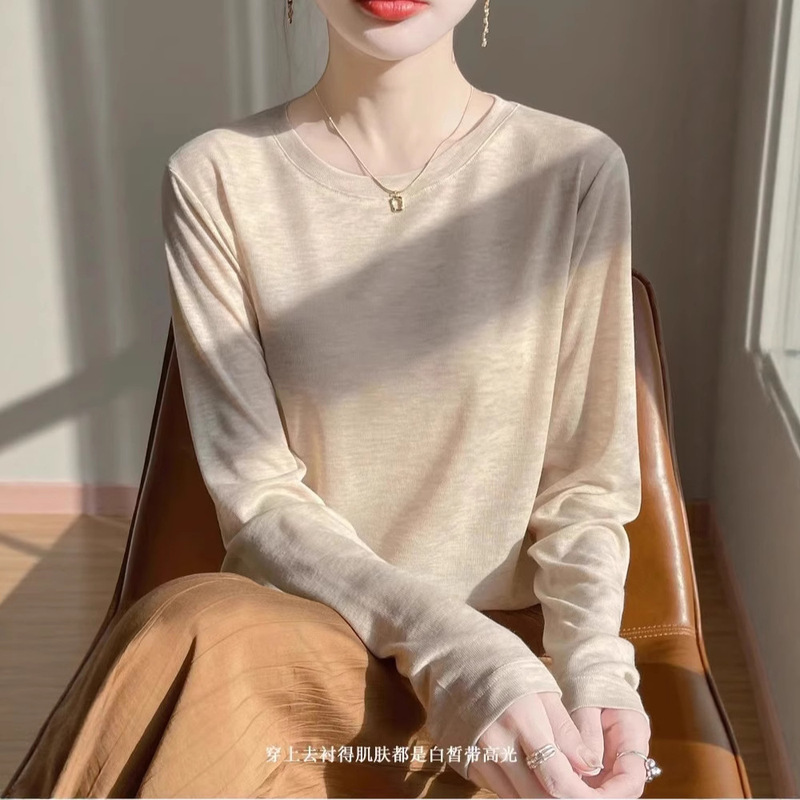 25 Spring and Autumn Lyocell Tencel Long Sleeve Knitted Sweater for Women, Round Neck, Thin, Solid Color, Versatile, Loose Fit Top, Base Layer 25 Spring and Autumn Lyocell Tencel Long Sleeve Knitted Sweater for Women, Round Neck, Thin, Solid Color, Versatile, Loose Fit Top, Base Layer