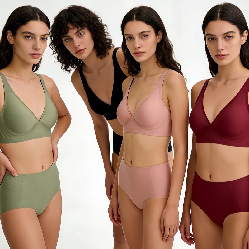 Women's Deep V Seamless Underwear Set Without Underwire, Jelly Strip Soft Support Bra Set, Seamless, Makes Large Busts Appear Smaller