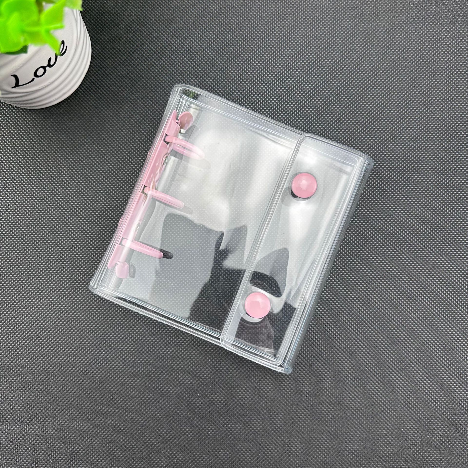 ミニ二重ボタン三つ折り手帳3穴カード帳カラーPVCバインダー手帳透明ケース