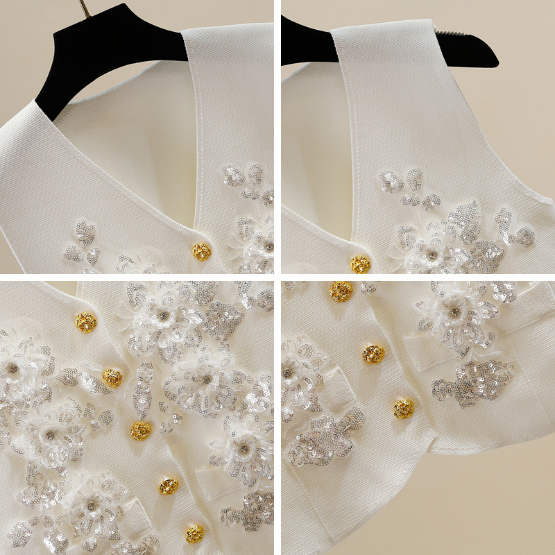 industria pesada diamante sequinilla flor tridimensional decoración de cuello en V hebilla de una sola fila delgada corto sin mangas de alta calidad chaleco de punto image 4