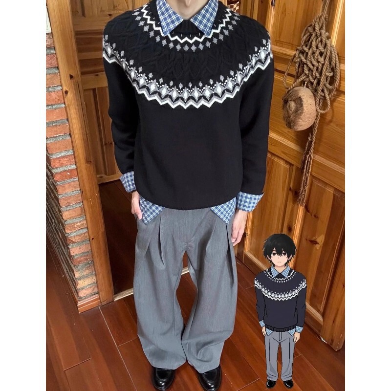 Retro Fair Isle Crew Neck Knitwear Men's Ethnic Style Jacquard Contrast Color Knitwear Winter Velvet Thickeneded Couple Jacket