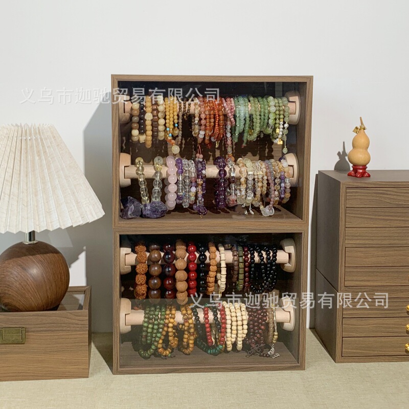 手串收纳盒桌面复古双层木纹首饰柜防尘珠宝文玩水晶手链展示架子|undefined