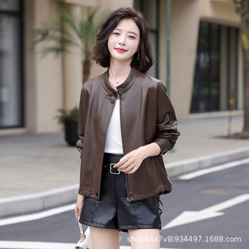 2024 New Autumn and Winter Korean Style Leather Jacket Women's Large Size Leather Jacket Pu Leather Women's Leather Jacket Wide Version Loose Dropped Shoulder Sleeves