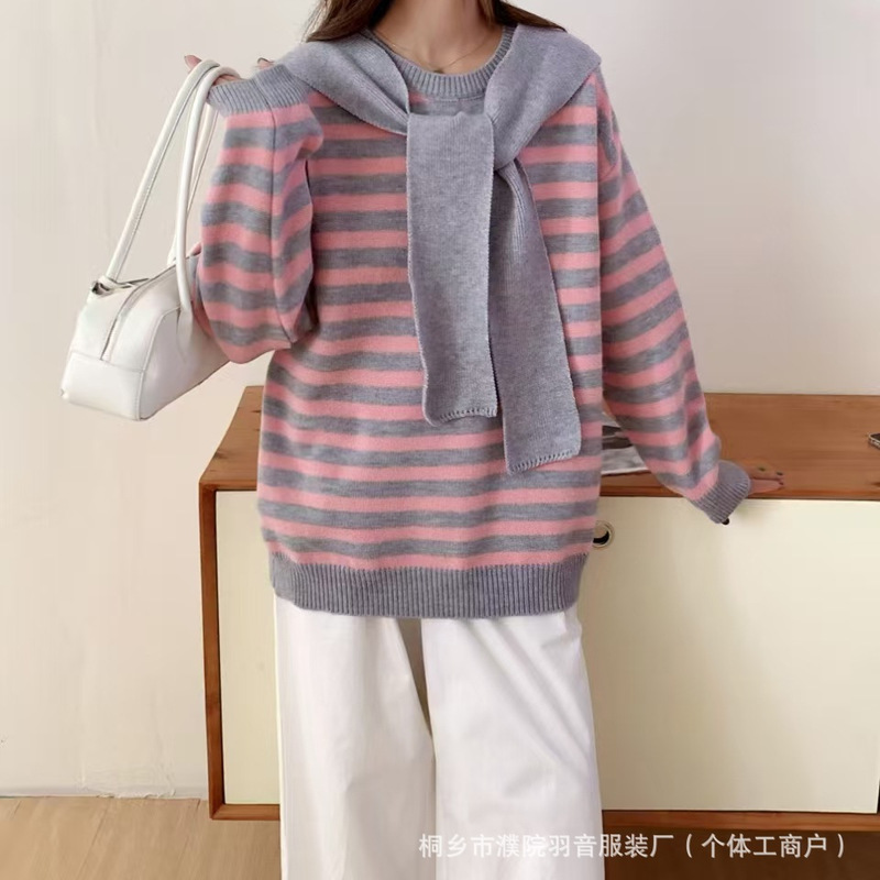 微胖MM毛衣女加厚大码秋冬新款学院风条纹百搭针织上衣围领两件套|undefined