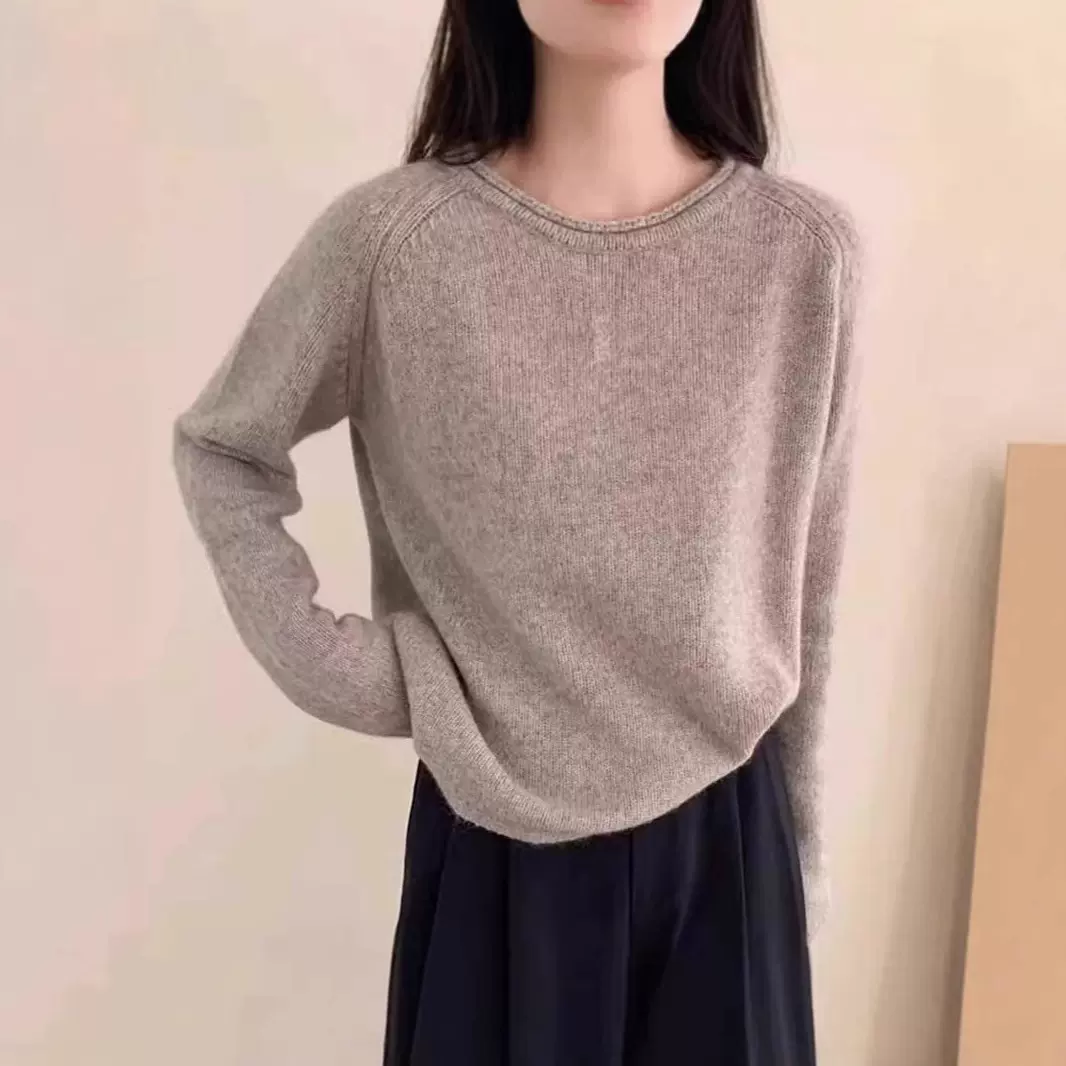 秋冬加厚卷边圆领插肩羊绒针织毛衣女上衣羊毛打底宽松显瘦韩版短