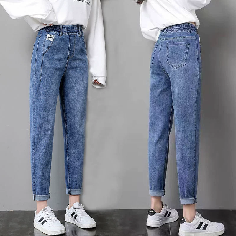 Женские эластичные джинсы-шаровары 2025 Весна-Осень Высокая талия Свободный крой Узкие Корейский стиль Прямые Универсальные Брюки в стиле Dad Pants