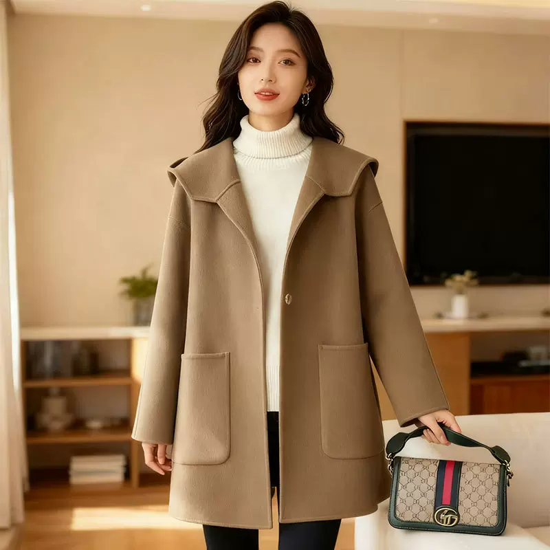 秋冬新款双面羊绒大衣女中长款海军领宽松大码小个子纯羊毛呢外套