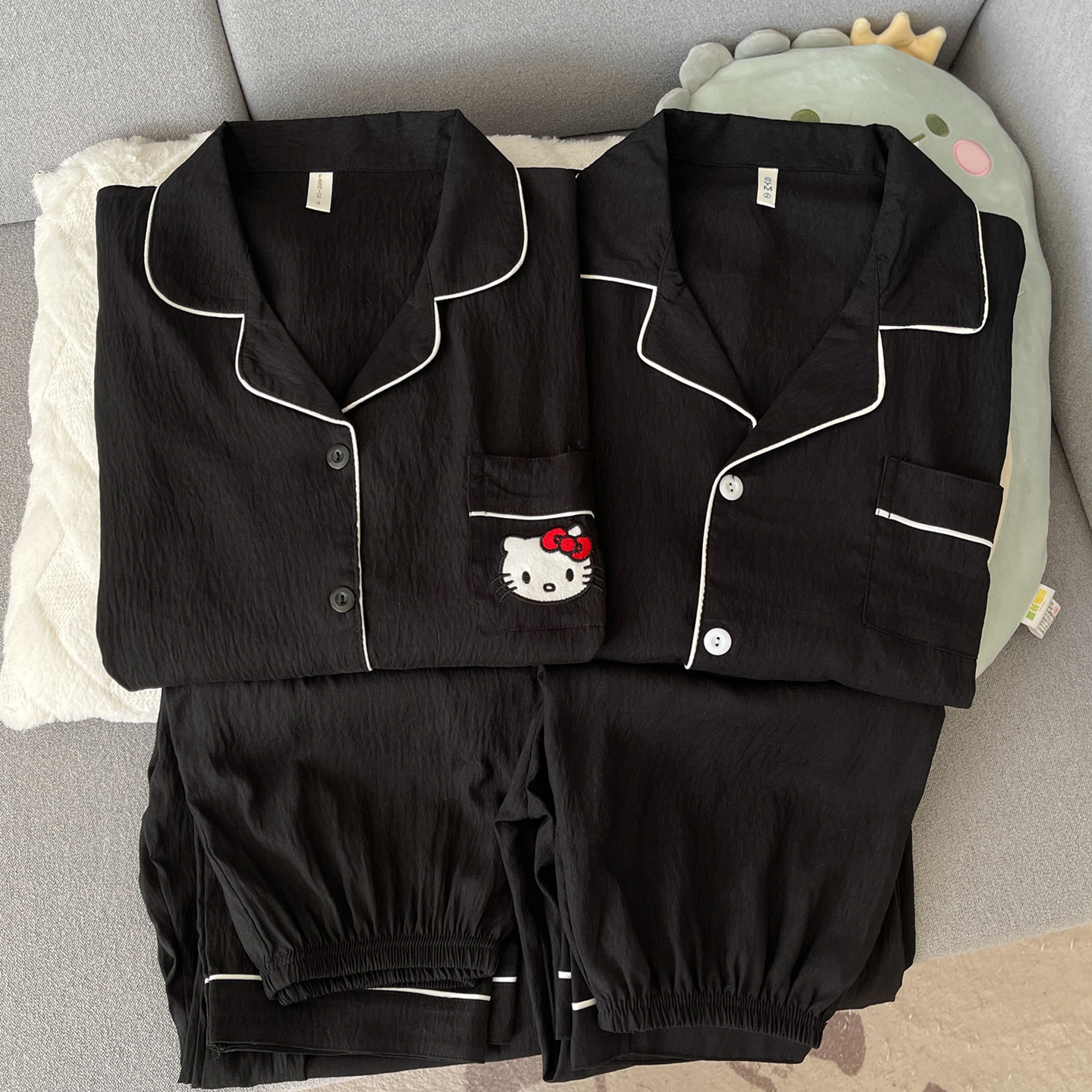 Nube de gato negro coreano de algodón para parejas pijamas de primavera y otoño para mujeres pantalones de manga larga cardigan para hombres ropa de hogar de verano