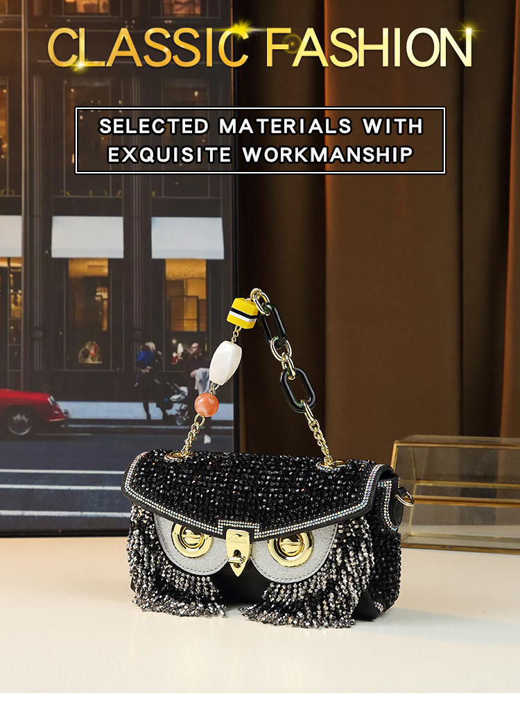 Borsa a mano da donna a forma di gufo con strass e nappe, resistente, a tracolla, piccola borsa quadrata, lusso di nicchia accessibile_voghion.com