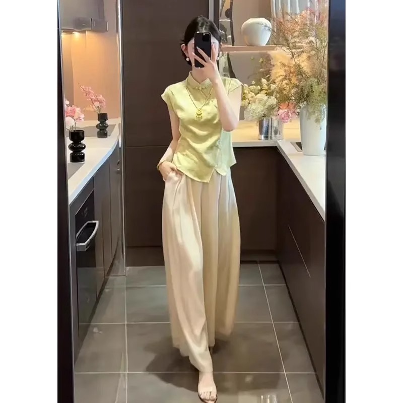 新しい中国風スーツ、女性用レトロ中国風半袖トップス、夏痩身、ハイウエスト、ユニークで美しいパンツ、ツーピーストレンドセット|undefined