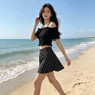 泳衣女分体裙式三角韩版一字肩抹胸泡泡袖高腰少女吊带新款游泳装