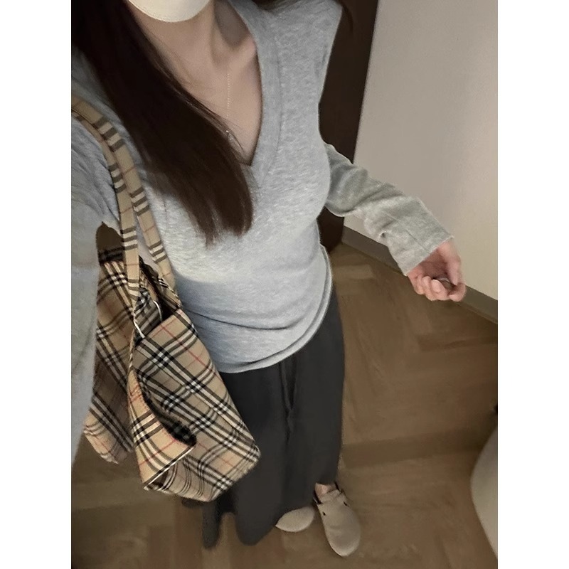 7481#270G人棉抓毛长袖女2025简约纯色V领修身短款韩版打底衫上衣|undefined